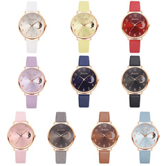 Ladies Moon Pattern Dial PU Strap Quartz Watch, White, Yellow, Red, Purple, Blue, Black, Pink, Grey, Brown, Red+Bracelet, Black+Bracelet, Tianlan+Bracelet