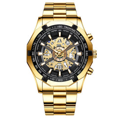 BINBOND S033 Hollowed Mechanical 30m Waterproof Luminous Quartz Watch, Black Steel-Black-Gold, Black Steel-Black-Rose Gold, Full Gold-Black-Gold, Blue Steel-Blue