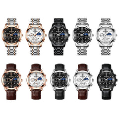 BINBOND B3591 30m Waterproof Luminous Calendar Men Watch, Black Steel-Black, Black Leather-White-Black, Brown Leather-White-White