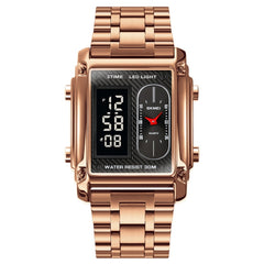 SKMEI 1868 Square Double Display Waterproof Men Watch, Style:, Steel Belt (Black), Leather Belt (Black), Steel Belt (Rose Gold), Leather Belt (Rose Gold), Steel Belt (Gold), Leather Belt (Gold), Steel Belt (Silver), Leather Belt (Silver)
