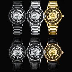 BINBOND B7872 Multifunctional Hollow Luminous Waterproof Quartz Watch, Black Steel-Black-White, Black Leather-Black-Black, Black Leather-White-Black