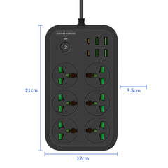 T24 2m 3000W 6 Plugs + PD + 4-USB Ports Multifunctional Flame-Retardant Socket With Switch, UK Plug, US Plug