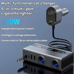 1 To 9 Car Cigarette Lighter With Independent Switches Voltage Display & Retractable Cable Car Charger, GE08