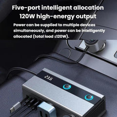 1 To 9 Car Cigarette Lighter With Independent Switches Voltage Display & Retractable Cable Car Charger, GE08
