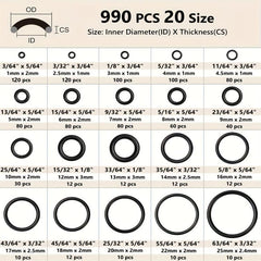 990pcs /Set NBR O-Ring Kit 20 Sizes Metric Nitrile Rubber Sealing Rings for High Pressure Washer, Automotive, Plumbing & Industrial Seals