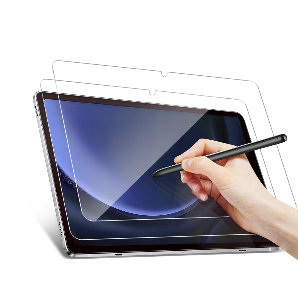 Samsung Galaxy Tab S7 Plus, S8 Plus, S9 Plus tempered glass screen protector with 2.5D edge from Phone Base, showing clear glass coverage.