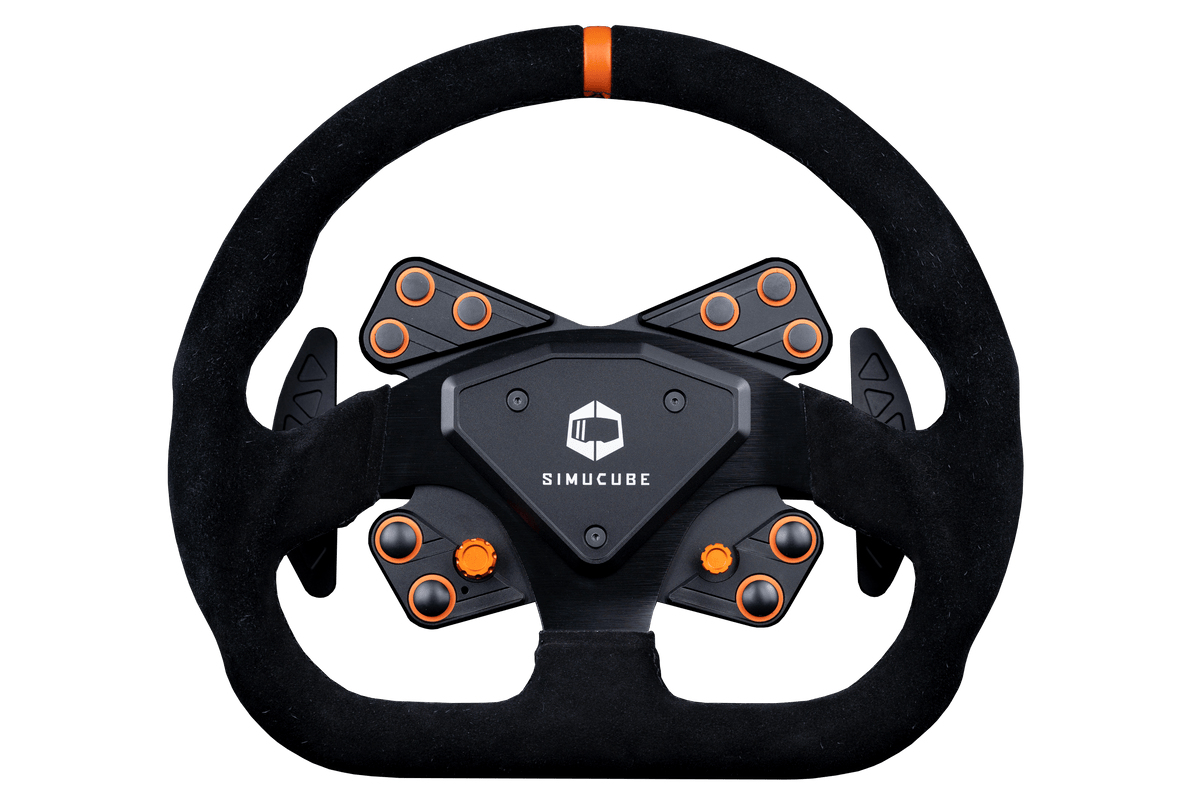 Black Simucube Tahko GT-21 Wireless Steering Wheel by Trak Racer UK, shown with transparent background and detailed grip design.