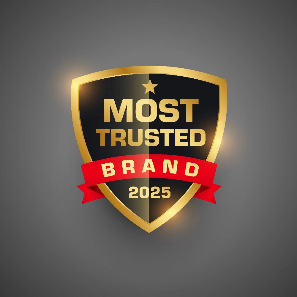 Shield-shaped badge with 'Most Trusted Brand 2025' text on a dark background