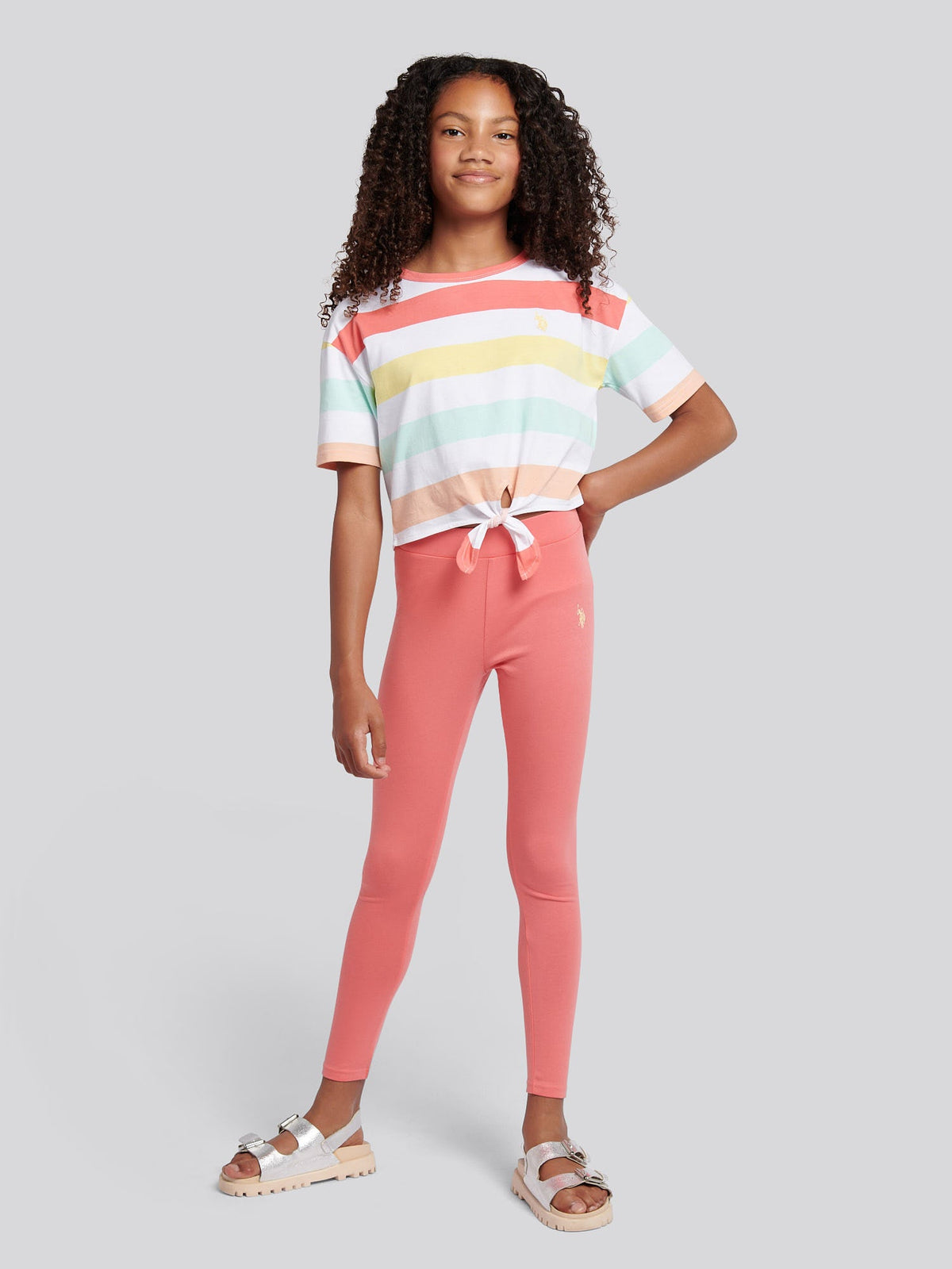 Girls Stripe T-Shirt & Legging Set in Sugar Coral