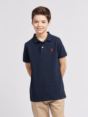 Boys Double Horsemen Polo Shirt in Dark Sapphire Navy / Haute Red DHM