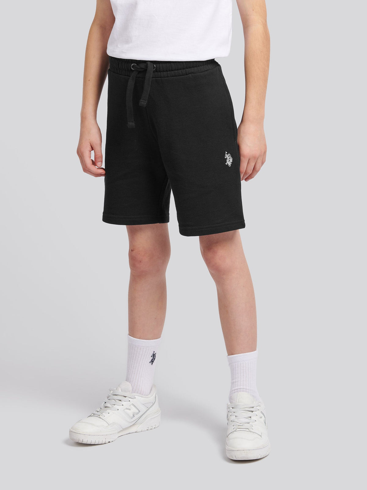 Boys Double Horsemen Sweat Short in Black Bright White DHM