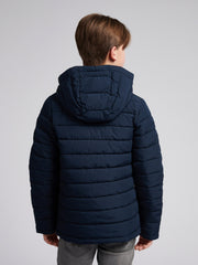 Boys Lightweight Quilt Hooded Puffer Jacket in Dark Sapphire Navy / Haute Red DHM