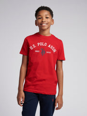 Boys Signature Arch Print T-Shirt in Haute Red