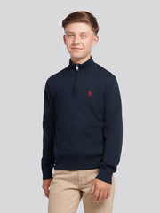 Boys Knitted Cotton Rich 1/4 Zip Dark Sapphire Navy / Haute Red DHM