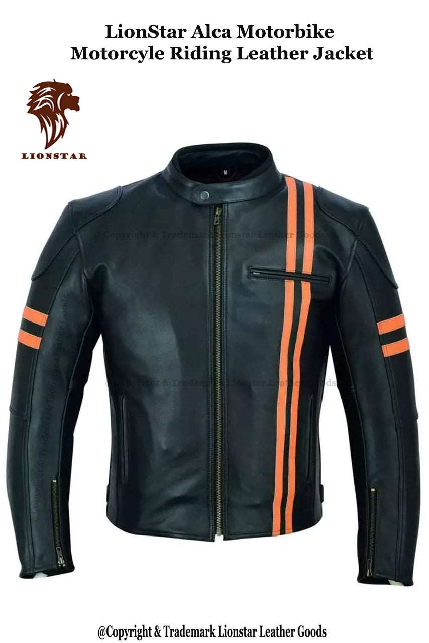Unisex Black Orange Stripe Cafe Racer Leather Jacket | Premium | Motorcycle Style