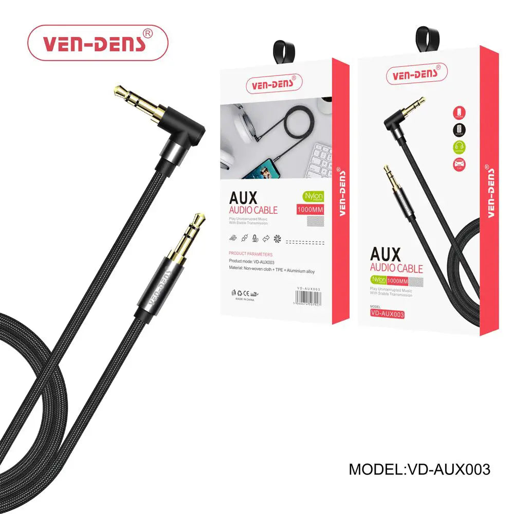 Black 3.5mm to 3.5mm auxiliary cable by Phone Base, 1 meter long, with straight connectors for audio devices.