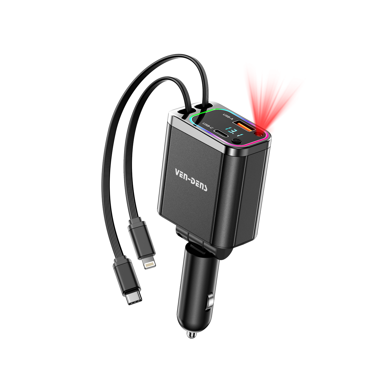 Phone Base 38W USB and Type-C dual ports car charger with Lightning and Type-C cables for fast in-car charging.