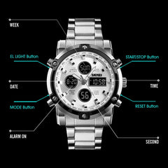 SKMEI 1389 Multifunctional Men Business Digital Watch 30m Waterproof Large Dial Wrist Watch with Stainless Steel Watchband , 1389 Black, 1389 Blue, 1389 Silver