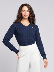 Womens V-Neck Cable Jumper Navy Iris