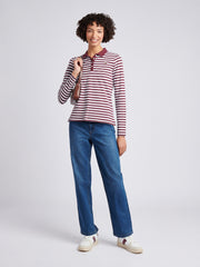 Womens Long Sleeve Stripe Contrast Collar Polo Shirt in Fig