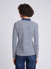 Womens Long Sleeve Stripe Contrast Collar Polo Shirt in Navy Iris