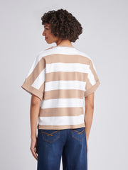 Womens Large Stripe Grown On Sleeve T-Shirt in Natural