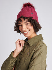 Womens Twist Cable Fur Bobble Knit Beanie in Beaujolais