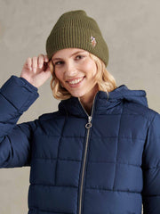 Womens Multicolour Double Horsemen Knit Beanie in Kalamata Green