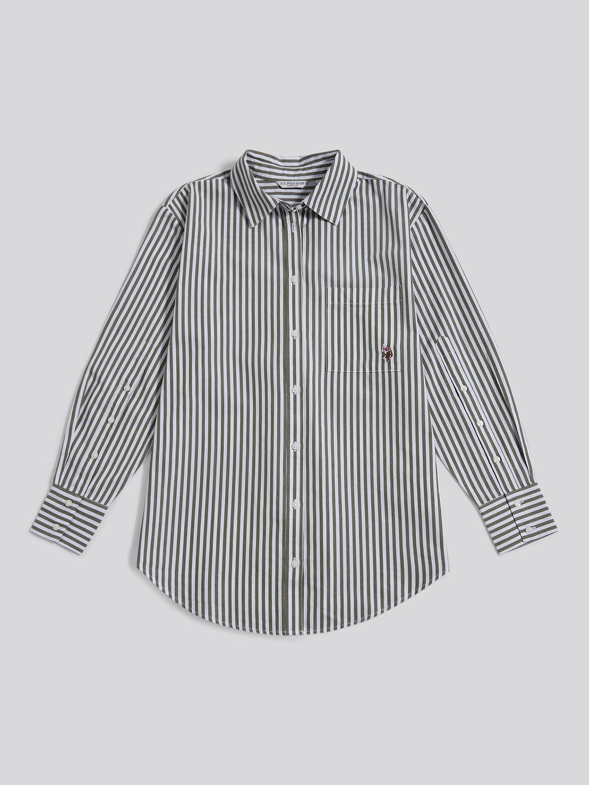Womens Cotton Poplin Loose Fit Stripe Shirt in Kalamata Green