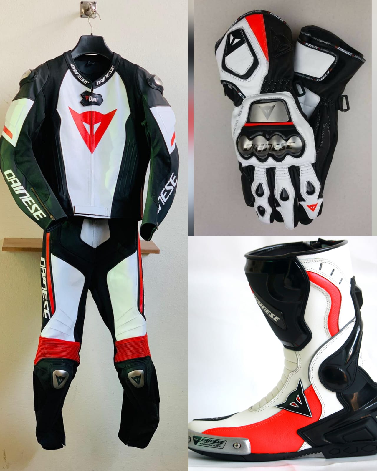 Damotogear Laguna Seca 4 leather racing suit in white, black, and red with protective padding and sleek design.