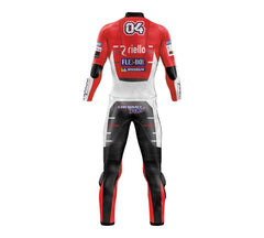 Ducati Andrea Dovizioso 2018 racing black motorcycle suit by DAMOTOGEAR with protective padding and sleek design.
