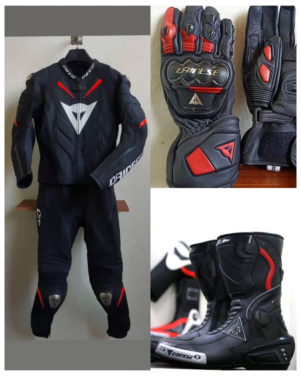 DAMOTOGEAR Super Speed D1 motorcycle leather suit with matching two-piece gloves and boots, designed for full riding protection.