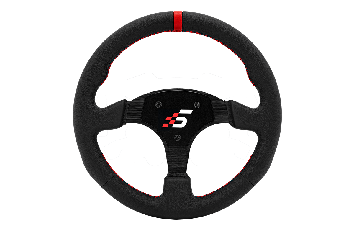 Simagic 330mm leather steering wheel for racing simulators, featuring a round design and premium black leather grip.