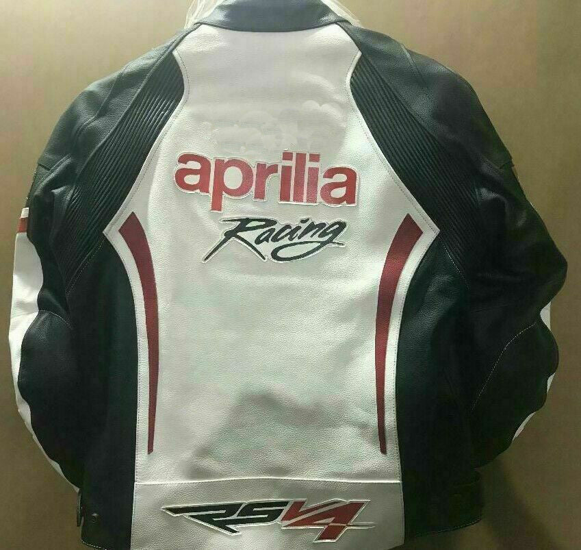White Aprilia racing leather motorcycle jacket by DAMOTOGEAR with CE approval, featuring a sleek design and protective details.