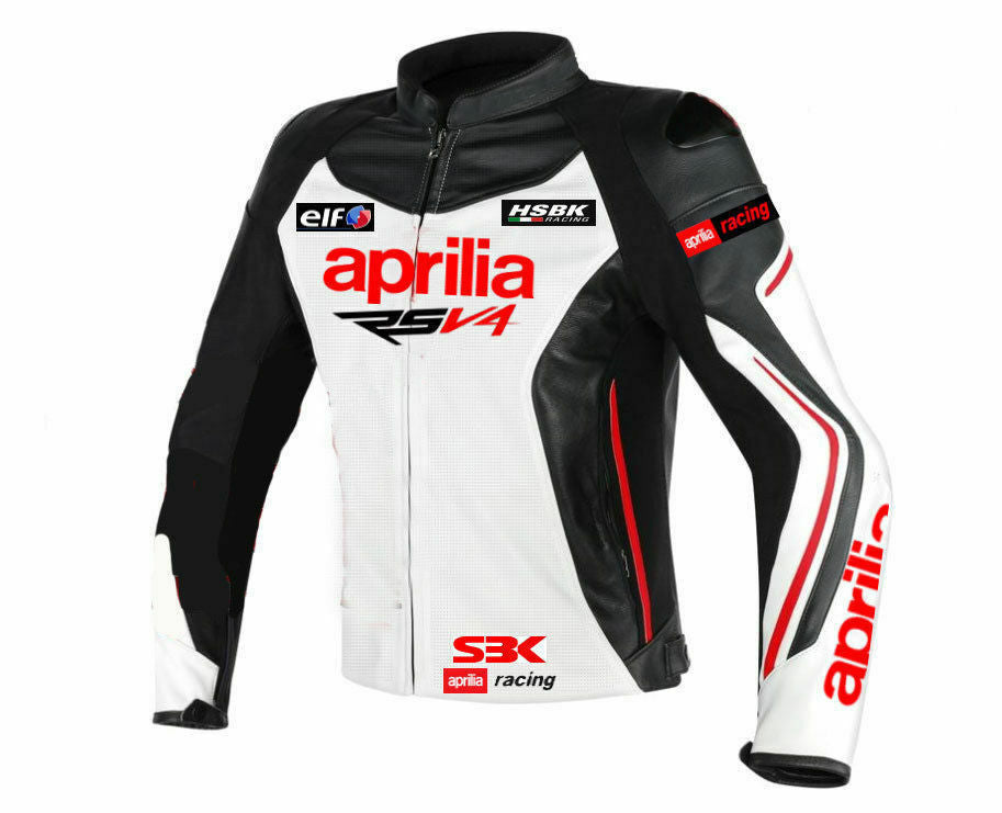 White Aprilia racing leather motorcycle jacket by DAMOTOGEAR, CE approved, featuring sleek design and protective gear details.