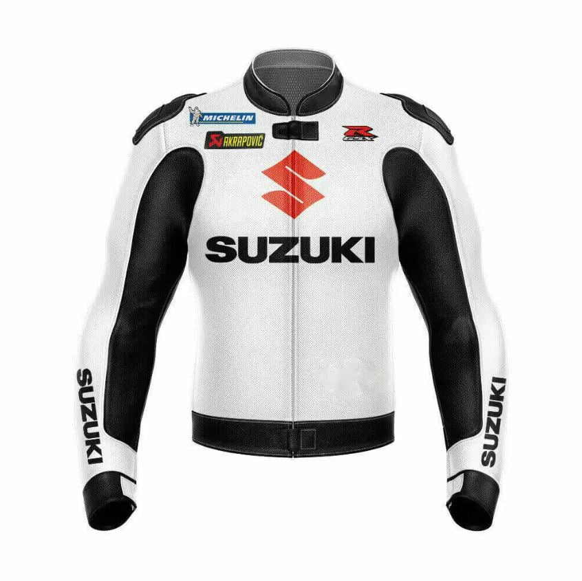 White Black Suzuki GSXR Motorcycle Leather Jacket