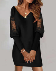 Elegant Long-Sleeved V-Neck Lace Splicing Dress for Women