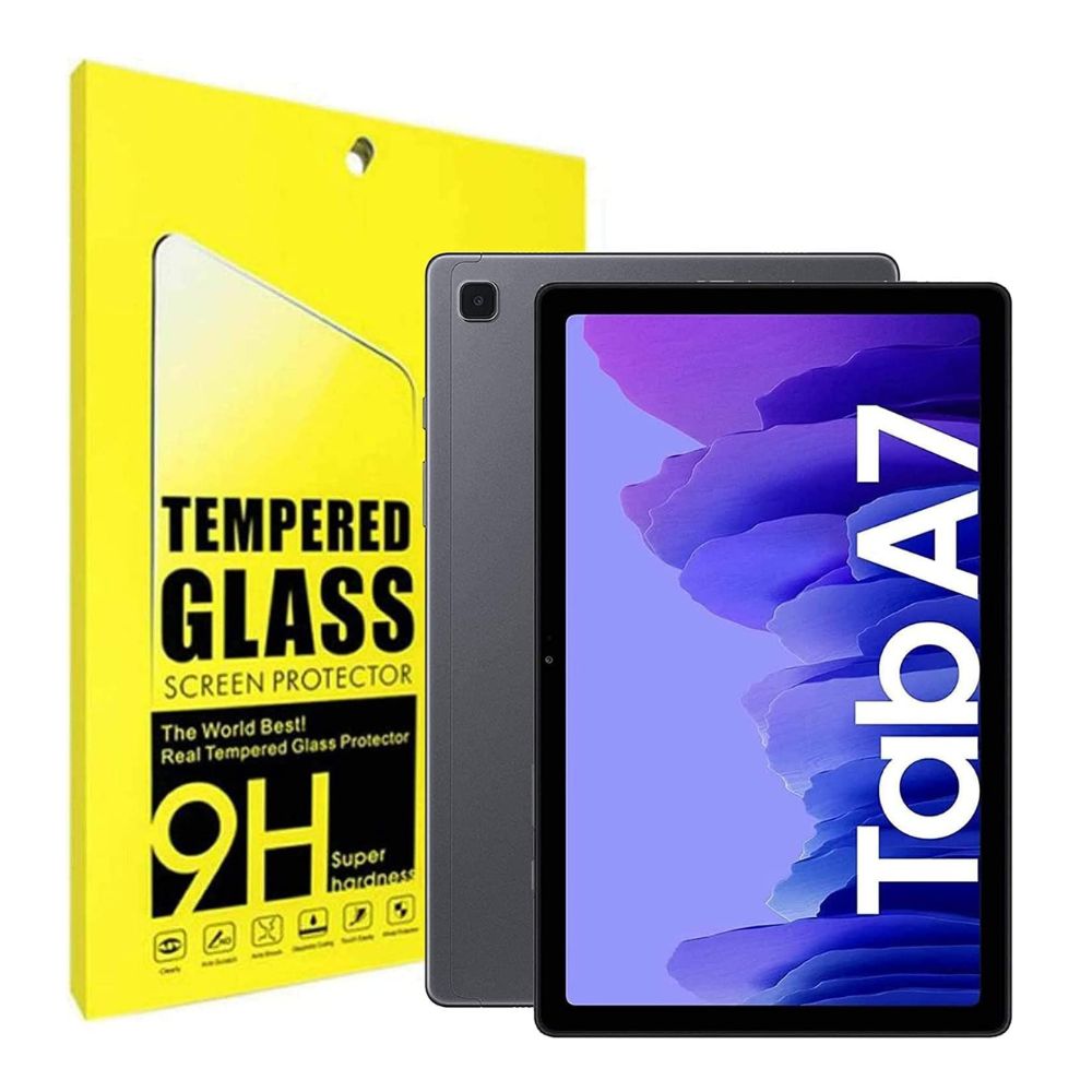 Samsung Galaxy Tab screen protector by Phone Base, 2.5D tempered glass with rounded edges, covering the tablet screen for protection.