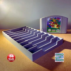 Game Display N64 game storage holder for 12 Nintendo 64 cartridges, showcasing organized game display and storage.