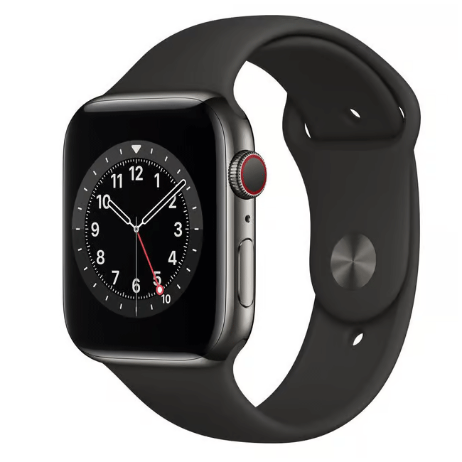 Apple Watch Series 6 44mm stainless steel cellular smartwatch with grey band, unlocked and displayed on a plain background.