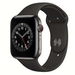 Apple Watch Series 6 44mm stainless steel cellular smartwatch with grey band, unlocked and displayed on a plain background.