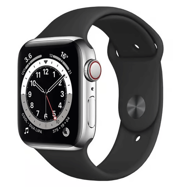 RefurbPhone Apple Watch Series 6 44mm stainless steel cellular smartwatch with silver finish, unlocked for use with any compatible device.