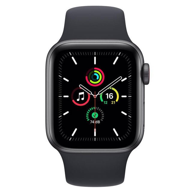 Refurbished Apple Watch SE 2020 40mm smartwatch with black band, displayed on a white background.