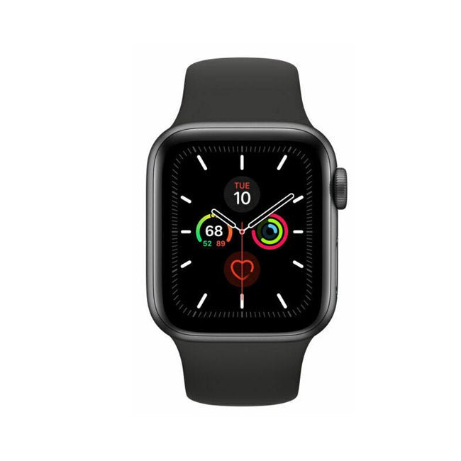 Apple Watch Series 5 44mm stainless steel cellular smartwatch with digital display and sleek design.