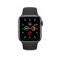 Apple Watch Series 5 44mm stainless steel cellular smartwatch with digital display and sleek design.