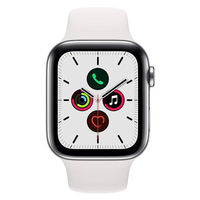 Apple Watch Series 5 44mm stainless steel cellular smartwatch with unlocked connectivity, displayed on a white background.