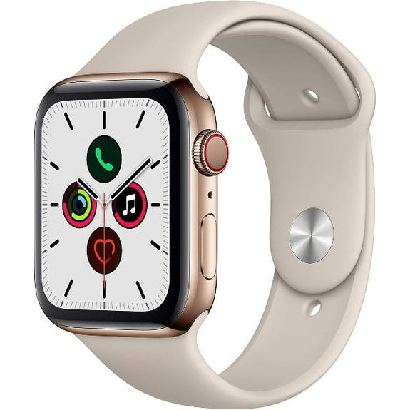 Apple Watch Series 5 44mm stainless steel cellular smartwatch with black sport band, showing digital display and time.