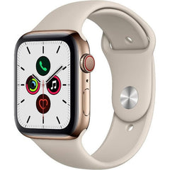 Apple Watch Series 5 44mm stainless steel cellular smartwatch with black sport band, showing digital display and time.