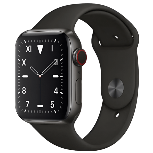 Apple Watch Series 5 44mm Titanium Cellular smartwatch with unlocked functionality, displayed on a white background.
