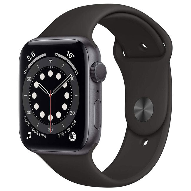 Apple Watch Series 6 44mm Cellular Titanium smartwatch with unlocked functionality, featuring a sleek titanium case and digital display.